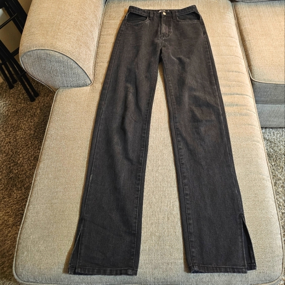 Nasty Gal Black Denim Split Hem High Rise Pocket Cutout Casual Jeans Size 4